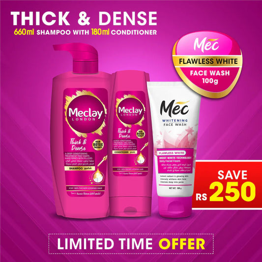 Meclay London Thick & Dense Shampoo 660ml With Conditioner 180ml + Mec Flawless White Face Wash Pair Box (Save Rupees 250)